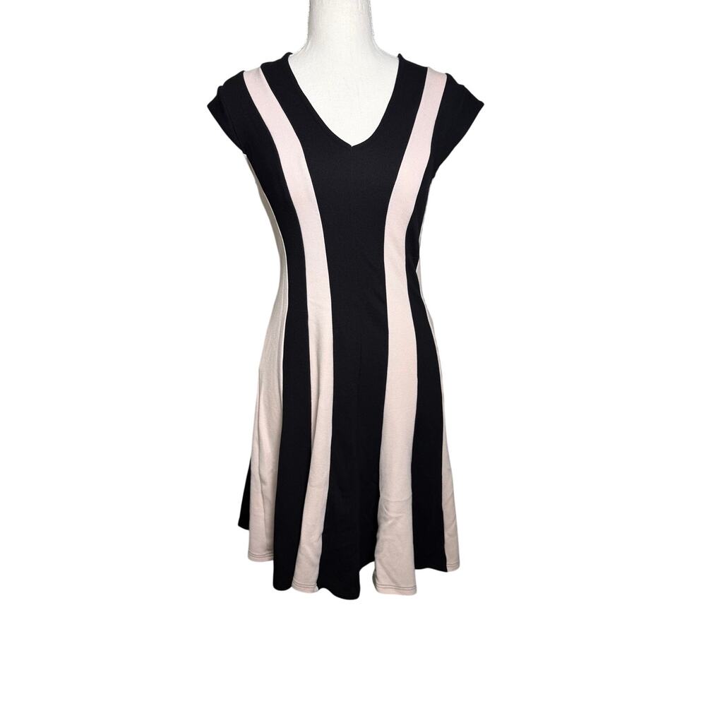 VENUS Small Women’s Black Blush Pink Colorblock Fit & Flare V-Neck Dress